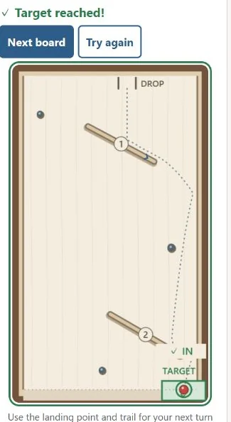 1. The ball center lands inside the green target. A check confirms success; choose Next board or Try again.