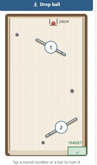 1. Tap a number or bar to turn a ramp. 2. Drop the red ball toward the green target.