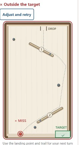 1. The red ring and cross mark a miss. Compare it with the target and trail, then Adjust and retry one ramp at a time.