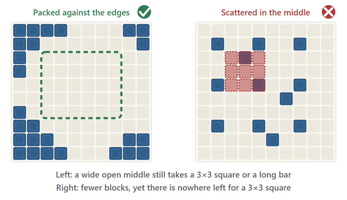 Good and bad placement. The left board has blocks packed against the edges and corners, leaving a large open space in the middle (green check). The right board has fewer blocks scattered around the middle, leaving only small gaps where a 3×3 square can no longer fit (red cross)