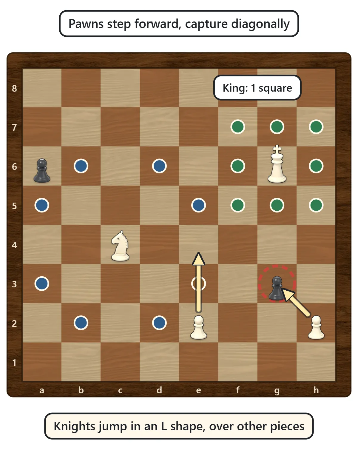 Eight dots in an L pattern around a knight, dots on the eight squares around a king, and a pawn with arrows two squares forward and diagonally forward to capture a black pawn