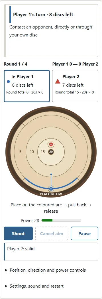 1. Opposing discs have target rings. 2. You must contact one directly or through your own disc. Hitting a peg alone is not enough.