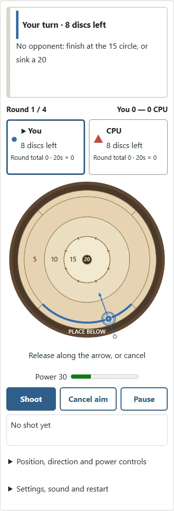 1. Pull back from the disc on your coloured arc. The arrow shows its direction. 2. Check power, then release. Cancelling spends no disc.
