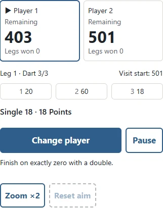 Darts in play: ①②③ mark the darts in this visit. After three throws, select Change player.