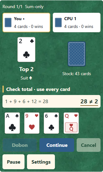 Compare ① the top rank with ② the total of every card. Claim Dobon on a match; otherwise ③ continue the check.