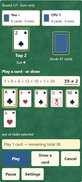 Select ① an outlined card, then tap ② the top pile to play it. The Play button also confirms. Check the remaining total.