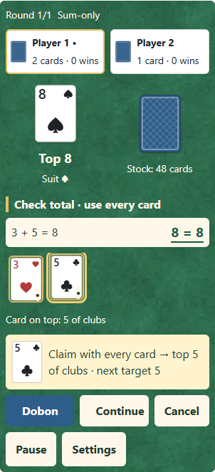 ① Every card counts: 3 + 5 = 8. Choose ② the five on top, then ③ claim Dobon. The next return target becomes five.