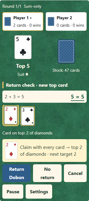 ① The new top rank is five. ② Your whole hand totals 2 + 3 = 5. ③ Return with the two on top; the next target becomes two.