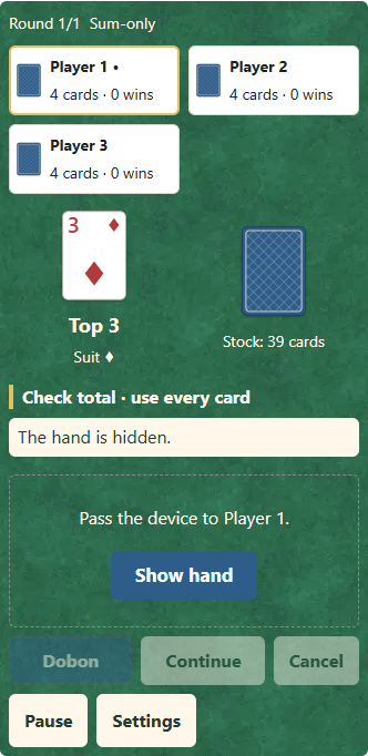 ① Pass the device to the named player; ② that player reveals their hand. Cards and the total stay hidden until then.