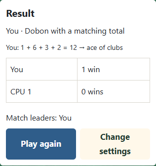 ① Check the winner and win totals. ② Play again starts a new match with the same settings.