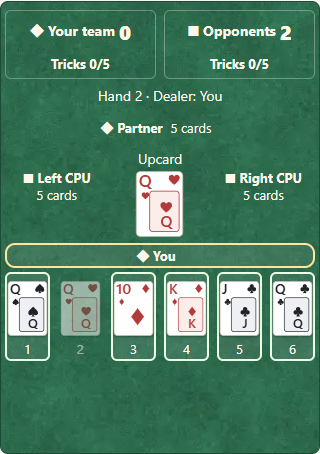 ① Picking up the upcard makes six cards. ② Tap an original white-bordered card to discard it face down. ③ Keep the upcard.