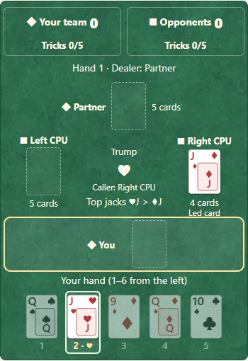 ① With hearts as trump, ♦J leads hearts. ② Play a white-bordered heart to follow. Follow its trump suit, not its printed diamond.
