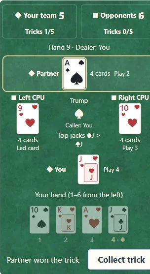 ① Check who won the trick. ② Collect trick clears the played cards; that winner leads the next trick.