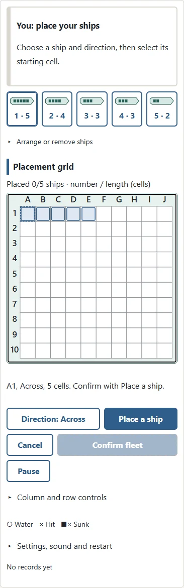 1. Choose a ship number and length. 2. Tap its starting cell to preview it, check direction, then Place a ship. Tap again or Cancel to clear the preview without moving the ship.