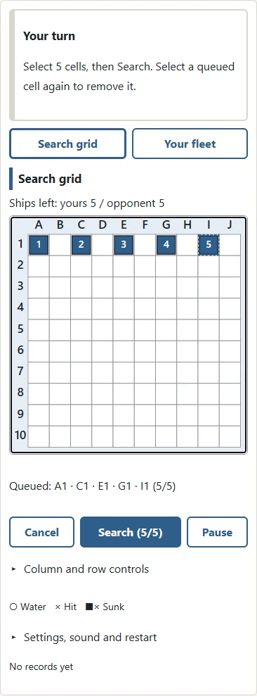 1. Salvo queues one cell per surviving ship before results. 2. Five ships require five cells in one batch. Intermediate results cannot be used to add new choices.
