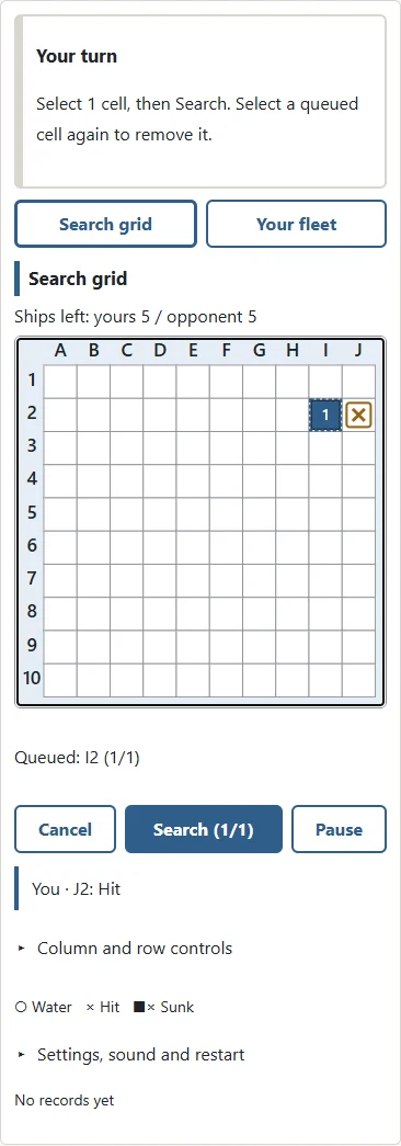 Legal example: 1. Queue an unknown cell beside a hit. 2. Confirm the numbered queue with Search. Before confirming, tap again, Escape or Cancel to change your choices.