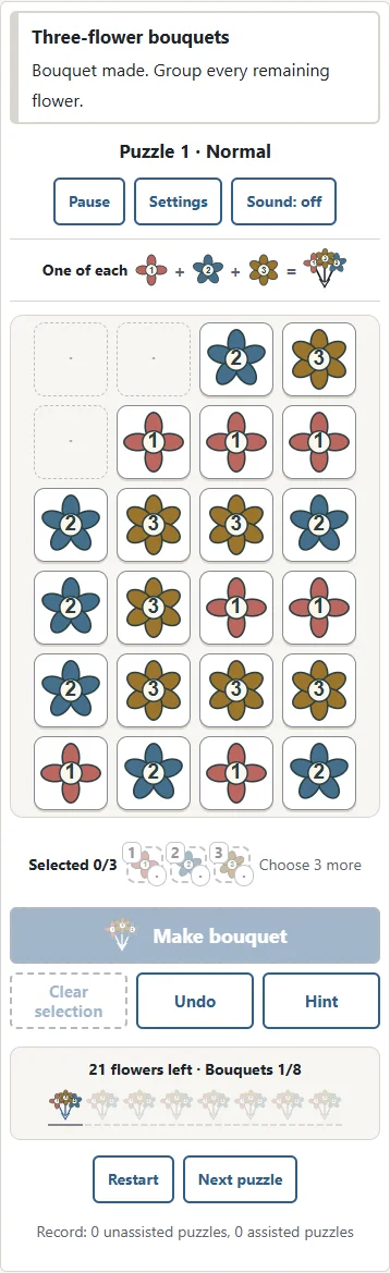 1. Only the three confirmed cells become empty. Other flowers stay in place. 2. A completed bouquet appears in the progress tray. Undo restores its original three cells.