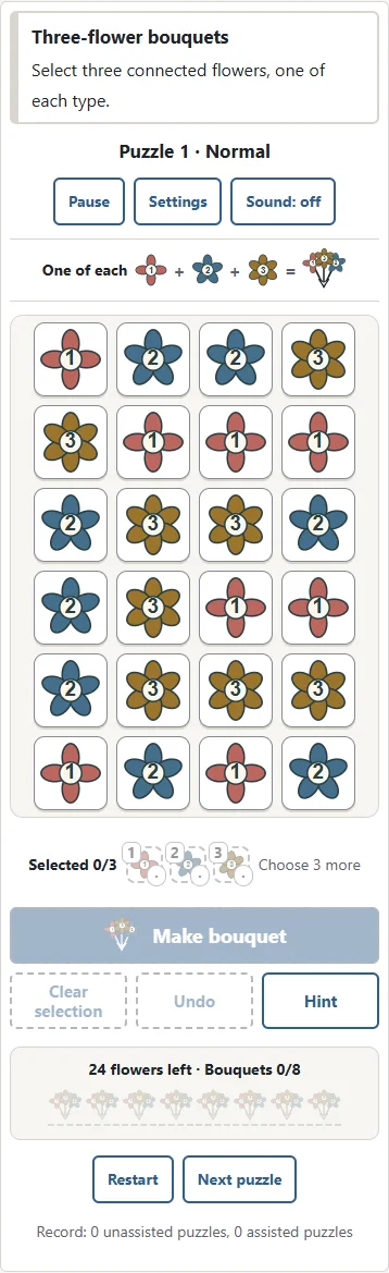 1. Use one flower each of types 1, 2 and 3. 2. Put every remaining flower into side-connected groups of three. Numbers and petal shapes identify the types.