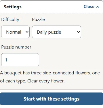 1. Choose a difficulty and 2. a numbered or daily puzzle before starting. Daily puzzles use your device date. A saved daily garden stays the same after midnight. Continue restores it without applying draft settings.