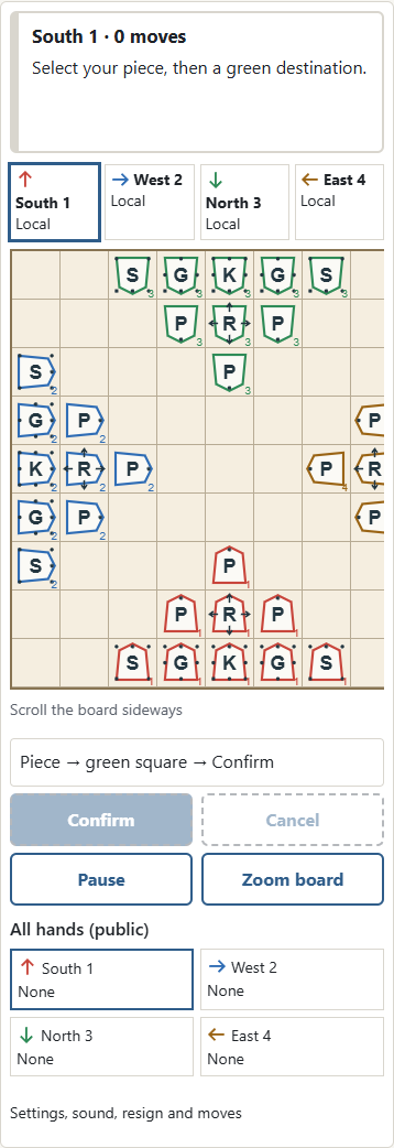 ① South 1 moves forward toward the top; ② North 3 moves toward the bottom. West 2 faces right and East 4 faces left. Guard your king and be the last survivor. A thick seat outline marks the current turn.