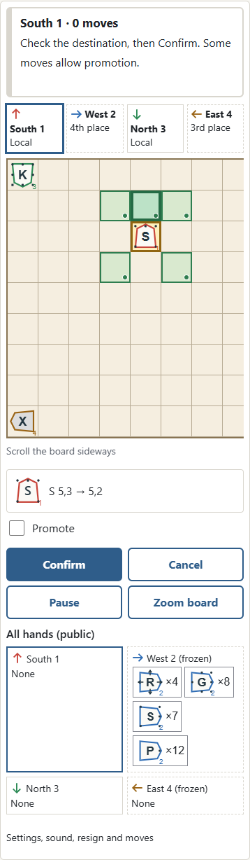 When promotion is optional, choose ① Promote and press ② Confirm. Eligible moves enter, leave or stay within the far three rows or columns. Promoted letters and the inner outline turn red.