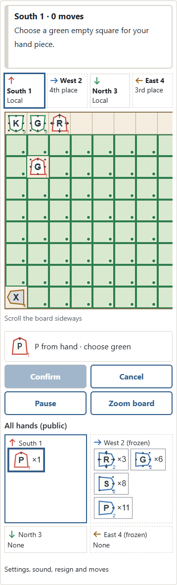 Select ① your hand piece to show ② green empty squares where it can be dropped. Choose a square and Confirm. Captured pieces revert to their original type and face your direction. All hands are public.