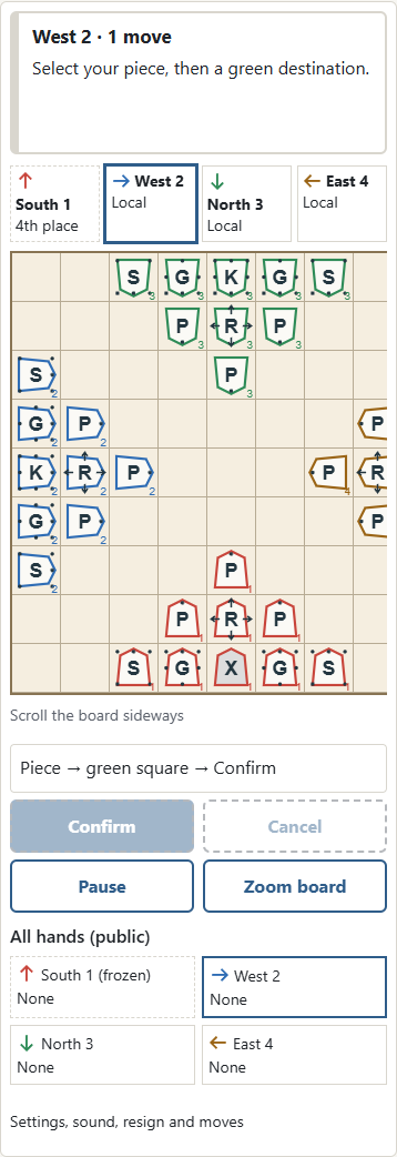 An eliminated king in Standard becomes ① an immovable, uncapturable X. Its other board pieces stop moving but can be captured. ② The eliminated player’s hand stays frozen and is not transferred.