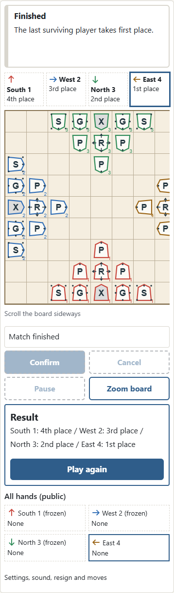 ① Eliminations give fourth, third and second place; the last survivor is first. Surviving players share a rank in a draw. ② Play again starts the same settings from the opening board.