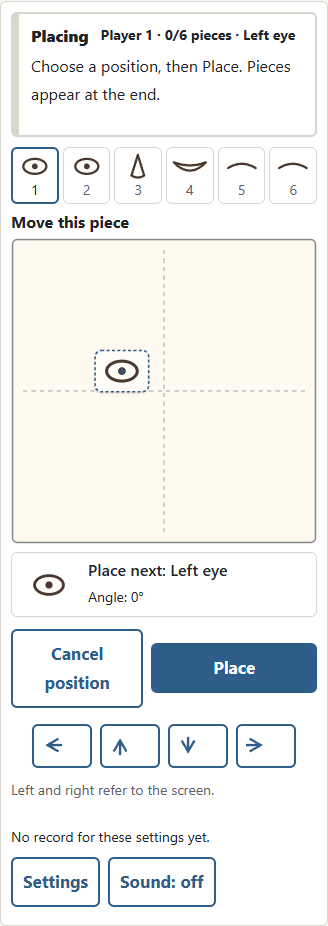 ① The framed picture is the unconfirmed piece. Tap or drag to move it, then ② Place to confirm. Confirmed positions stay hidden until the reveal.