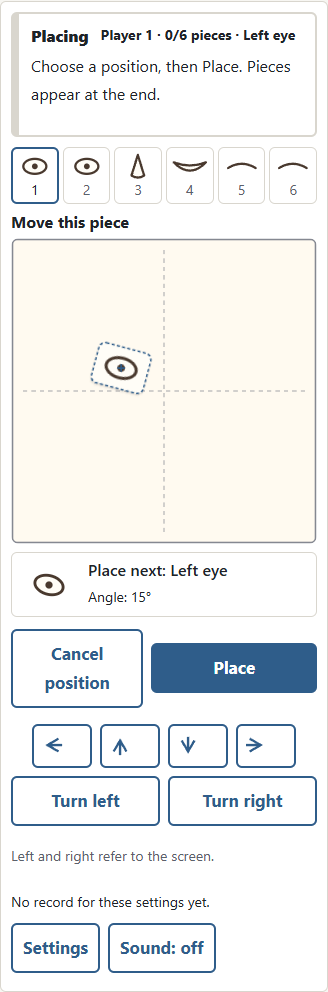 ① Check the current angle, then ② use Turn left or Turn right for fifteen-degree steps. Each new piece starts at zero degrees.