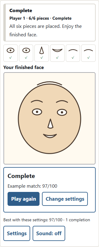 ① Placing all six pieces reveals the face and its match score. ② Play again uses the same settings. Records are kept separately by face, mode and difficulty.