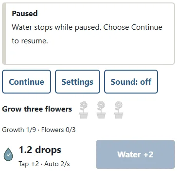 ① Pause stops manual and automatic collection and purchases. ② Continue resumes. Settings also stops the garden. Continue restores its original pace even after you edit a settings draft.