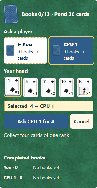 ① Choose a player; ② choose a rank you hold; ③ press Ask. Tap the same rank again to deselect it.