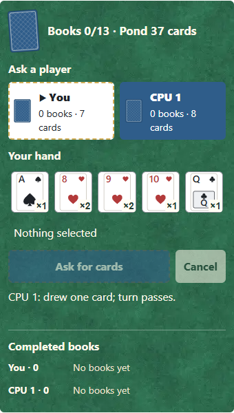 ① Draw one card from the pond; ② read the reply. A different rank passes the turn to the next player.