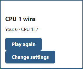 ① Compare book scores to see the winner; ② Play again starts a new deal with the same settings.