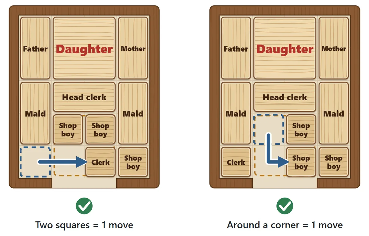 Left: a small piece slides two squares to the right. Right: a small piece slides down and then turns the corner to the right. Both count as one move