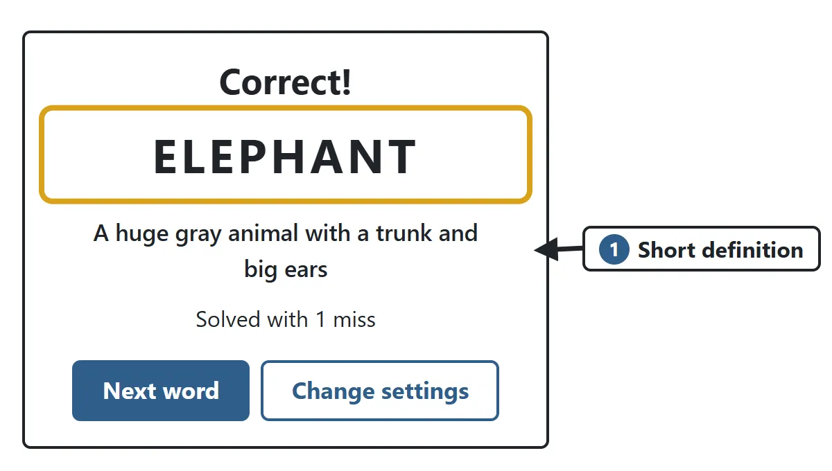 The result screen shows the word ELEPHANT with a short definition: a huge gray animal with a trunk and big ears
