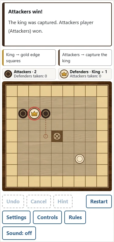 1. This king away from the throne was caught on two sides. 2. Attackers win. On the throne four sides are needed; beside it, three.