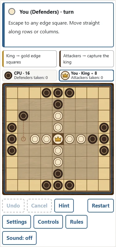 1. The crowned piece is the king, helped by the light defenders. 2. Escape to a gold edge square.