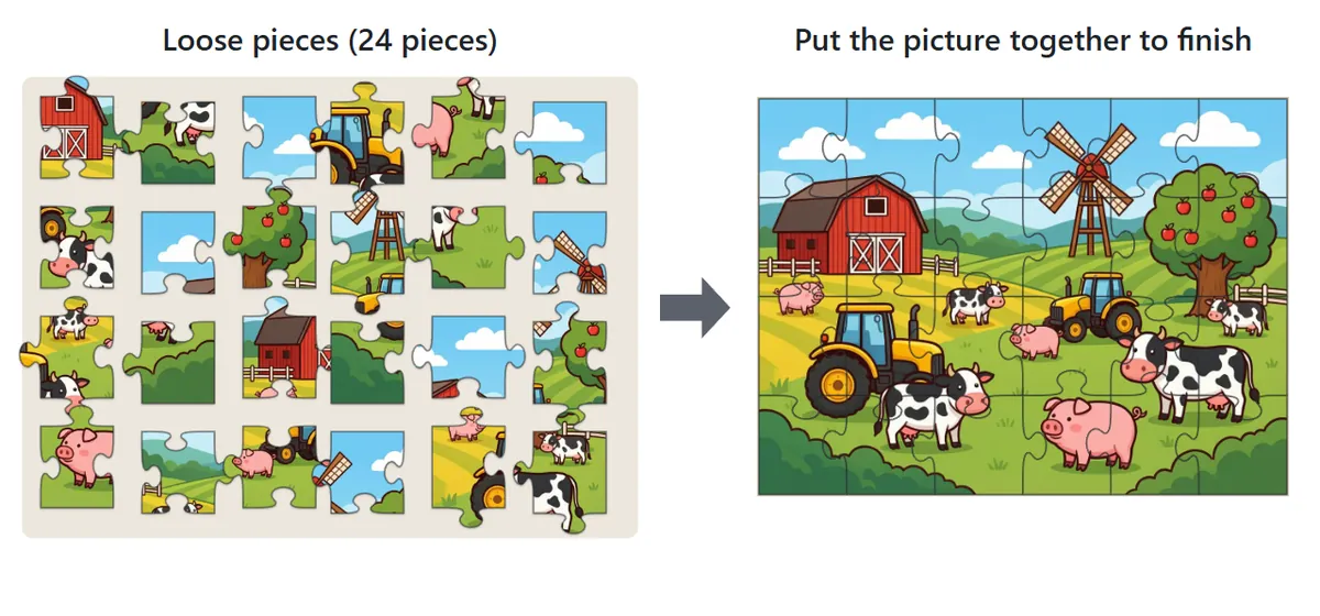 On the left, 24 loose pieces scattered on the table. On the right, the same pieces assembled into the finished farm picture