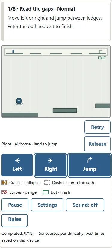 ① Hold Right and ② press Jump with a second finger. ③ Release or Escape clears held inputs. Releasing restores the direction marker; after landing, a fresh press starts the next jump.