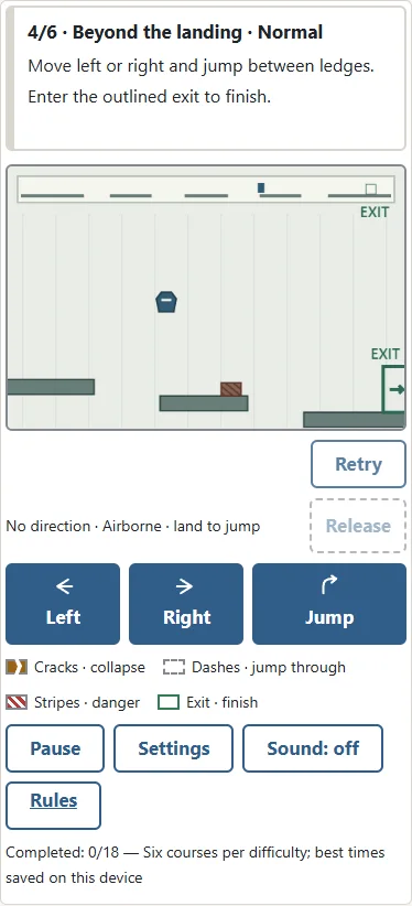 ① Touching stripes ends the attempt. ② Look beyond the next landing ledge and prepare another jump before the obstacle.