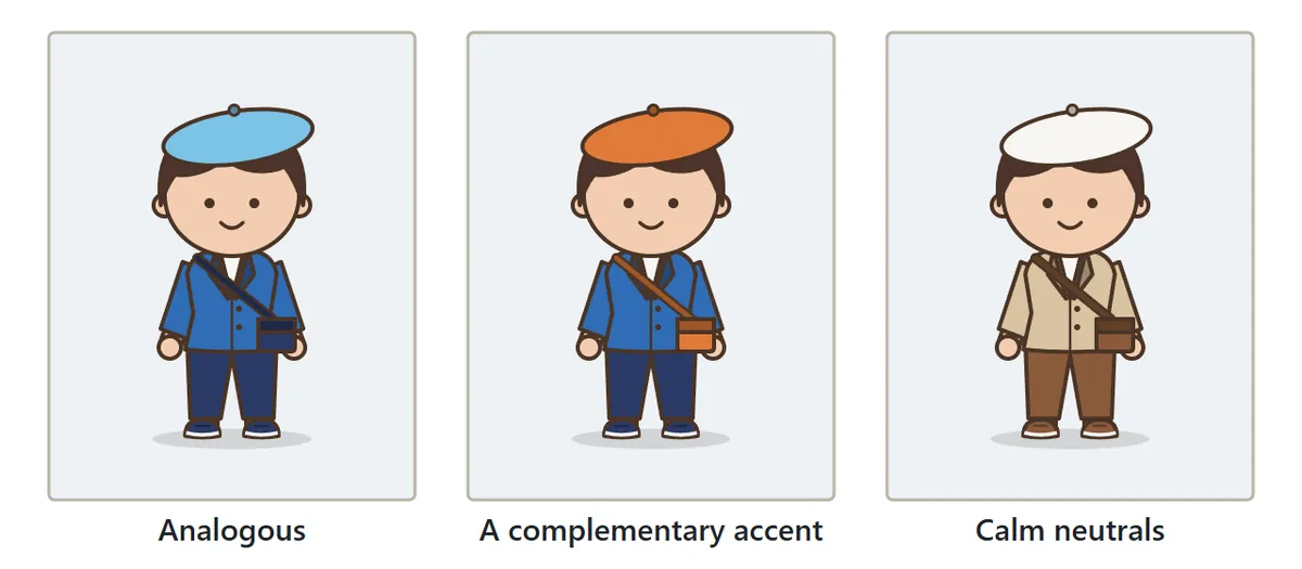 The same blazer and beret outfit in three color schemes: blue, navy and light blue; blue and navy with an orange hat and bag; and calm beige, brown and white