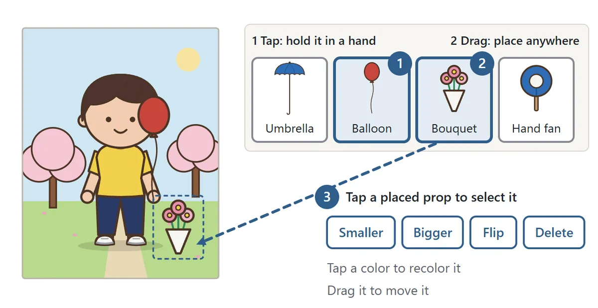A character in a yellow T-shirt holds a balloon, with a bouquet placed at their feet inside a dashed selection box. An arrow shows the bouquet being dragged from the props row, and Smaller, Bigger, Flip and Delete buttons sit below