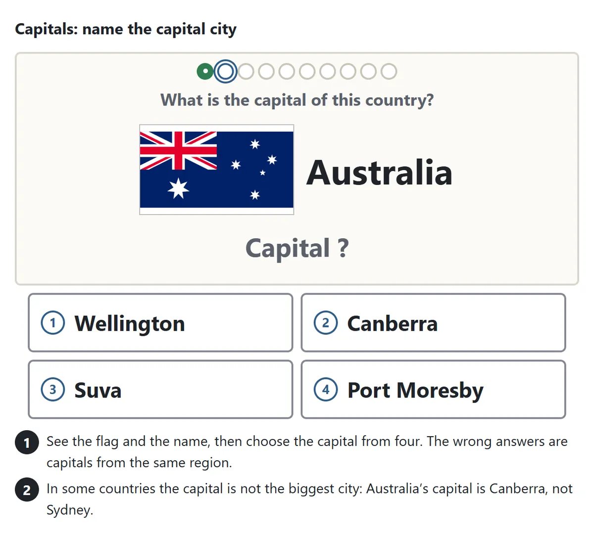 The Capitals question. The card shows the flag of Australia and the name Australia, with “Capital ?”. Below are four buttons: Wellington, Canberra, Suva and Port Moresby
