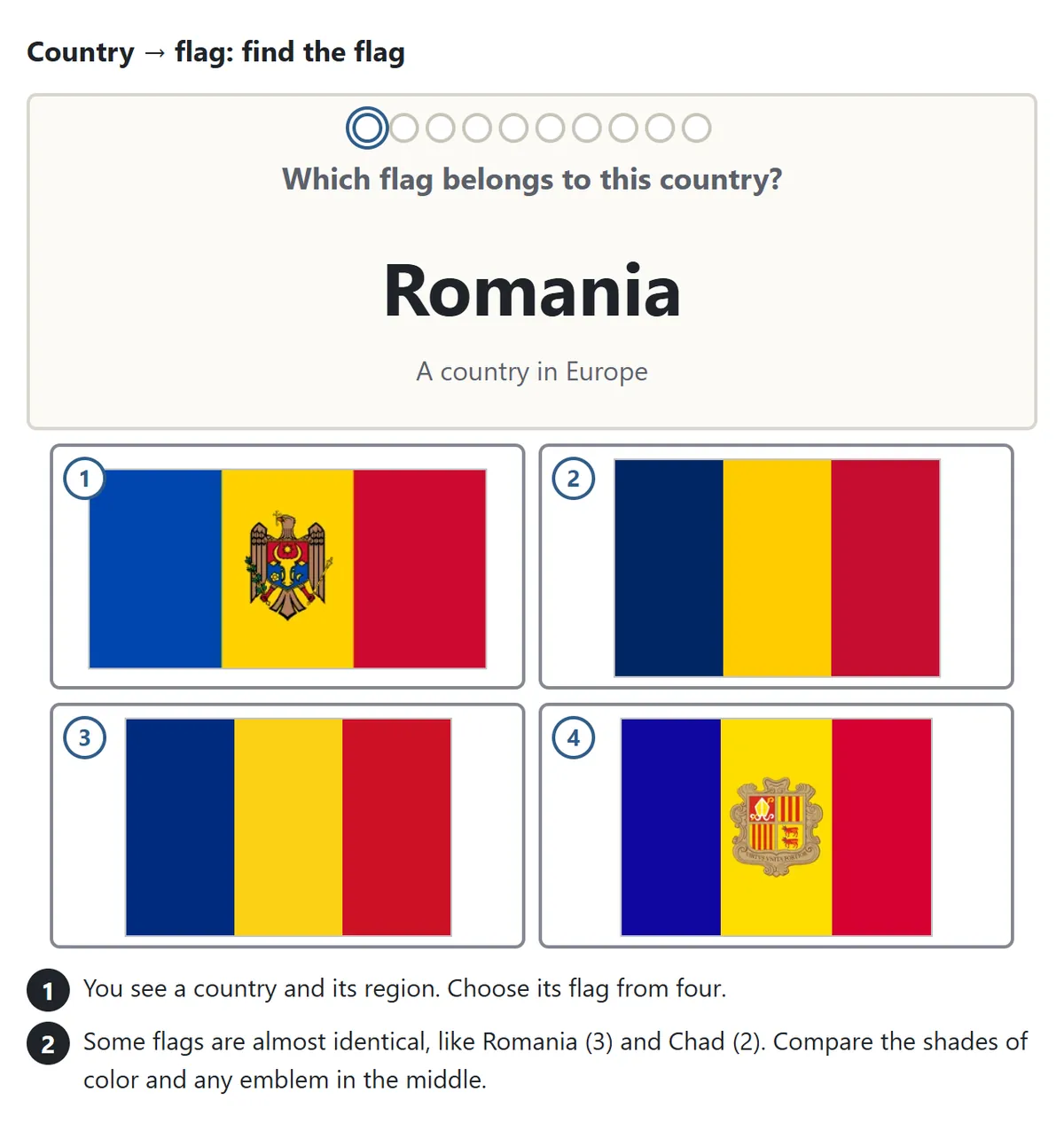 The Country to flag question. The card says Romania, a country in Europe. Below are four flag buttons: Moldova, Chad, Romania and Andorra. Chad and Romania both have vertical blue, yellow and red stripes
