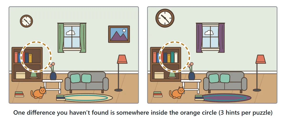 Two living room pictures with an orange dotted circle around the bookshelf in both