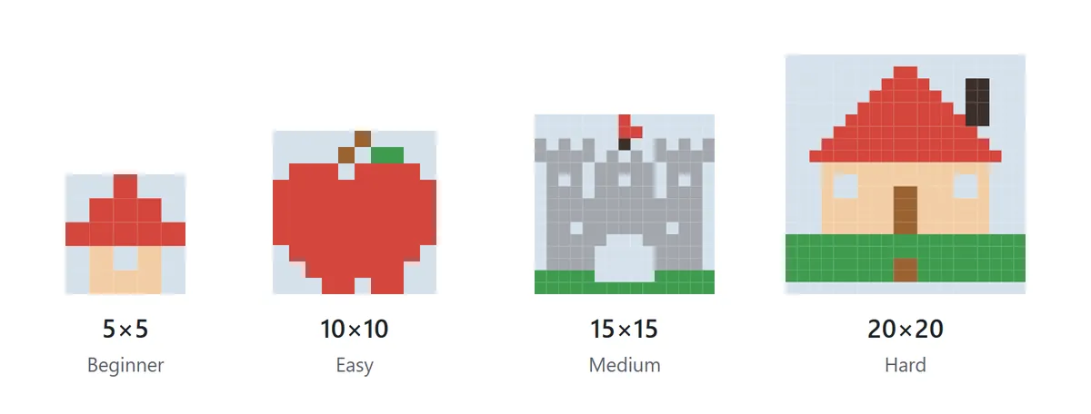 Four finished pictures: a 5×5 house, a 10×10 apple, a 15×15 castle and a 20×20 house with a garden