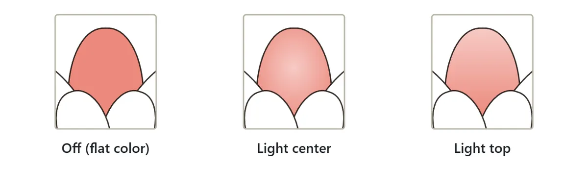 The same petal colored three ways: flat color, a gradient that is light in the center and darker toward the edge, and a gradient that is light at the top and darker at the bottom