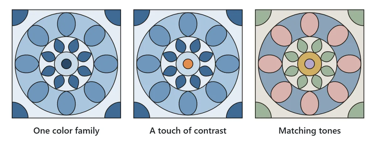 The same flower mandala colored three ways: only shades of blue; shades of blue with an orange center; and a set of soft, muted colors
